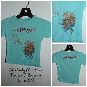 Ed Hardy Unisex Teal Blue Rhinestone Dragon Silver Bee Toddler T-Shirt sz 4 Year